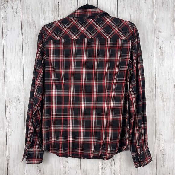 Talbots Top Women 8 Red Black Plaid Ruffle Button Up Blouse Gothic Grunge Twee - Picture 6 of 8